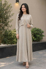 Modern Beige Ribbed Texture Full-Length Winter Maxi