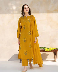 Lawn Embroidered Stitched 3Piece (Mustard)