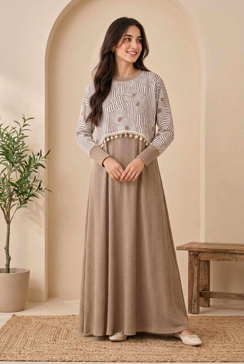 Ladies Beige Stylish Printed & Textured Flare Maxi