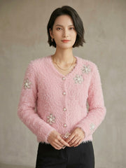 Women's Floral Embellished Fuzzy Knit Cardigan
