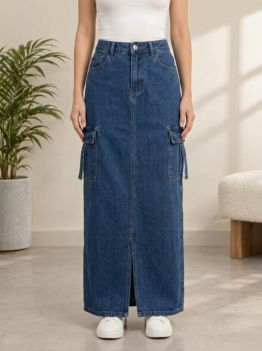 High-Waist Cargo Denim Maxi Skirt with Front Slit