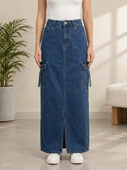 High-Waist Cargo Denim Maxi Skirt with Front Slit
