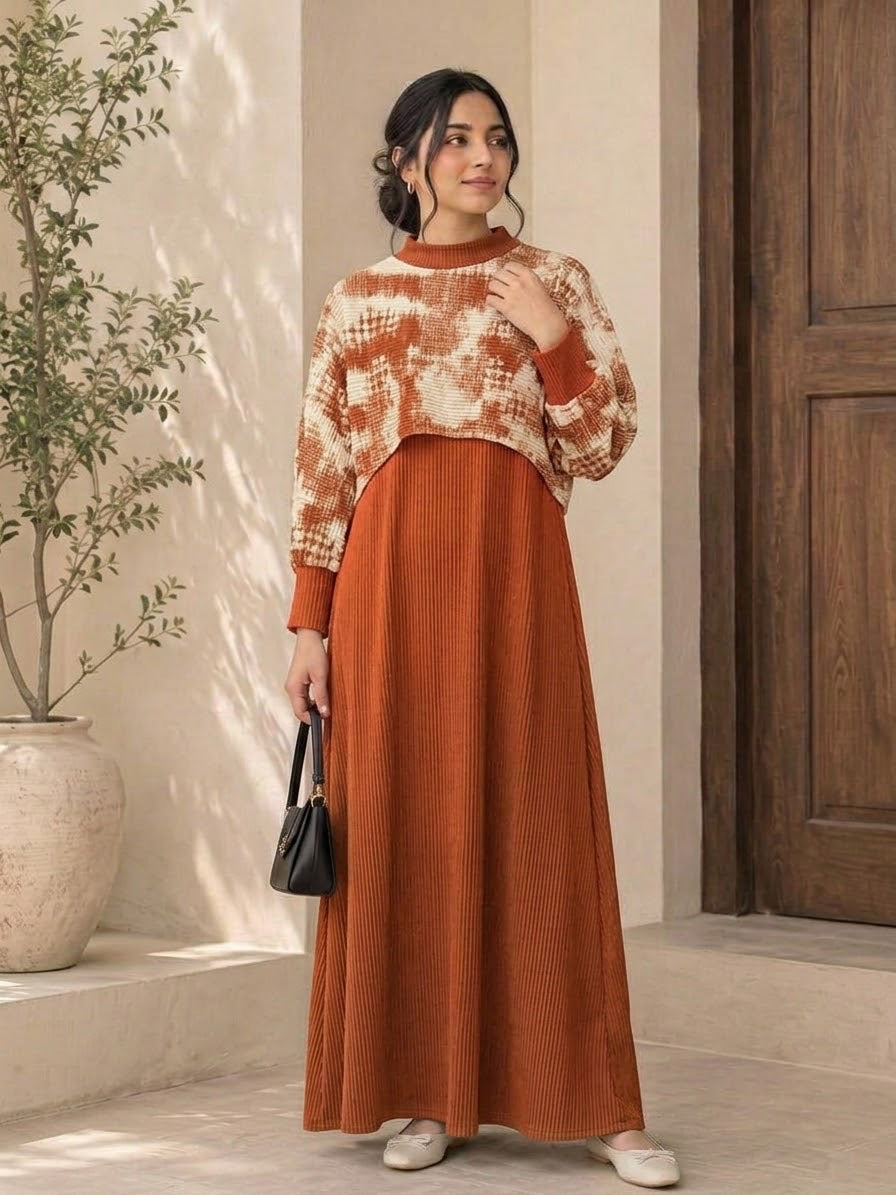 2-Piece Ribbed Maxi Dress with Cropped Knit Sweater Set