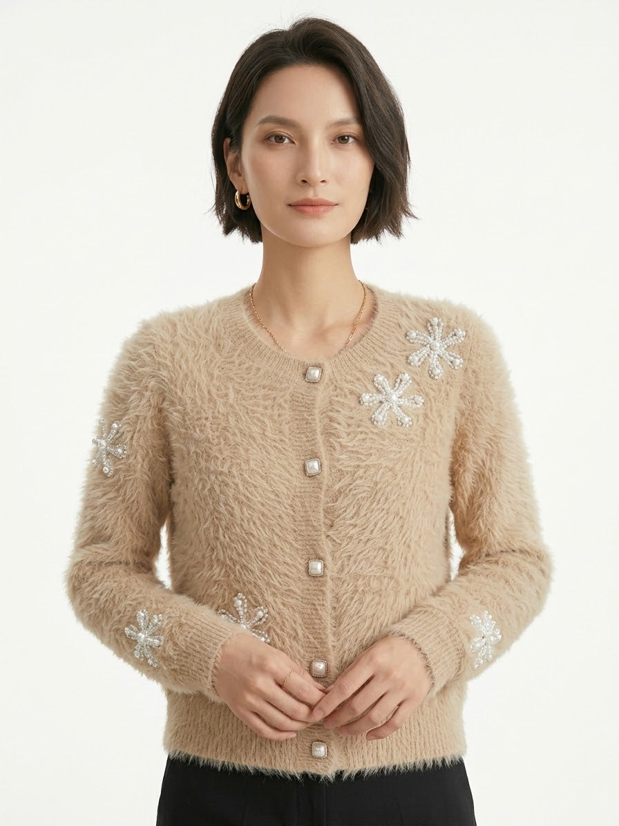 Women's Floral Embellished Fuzzy Knit Cardigan