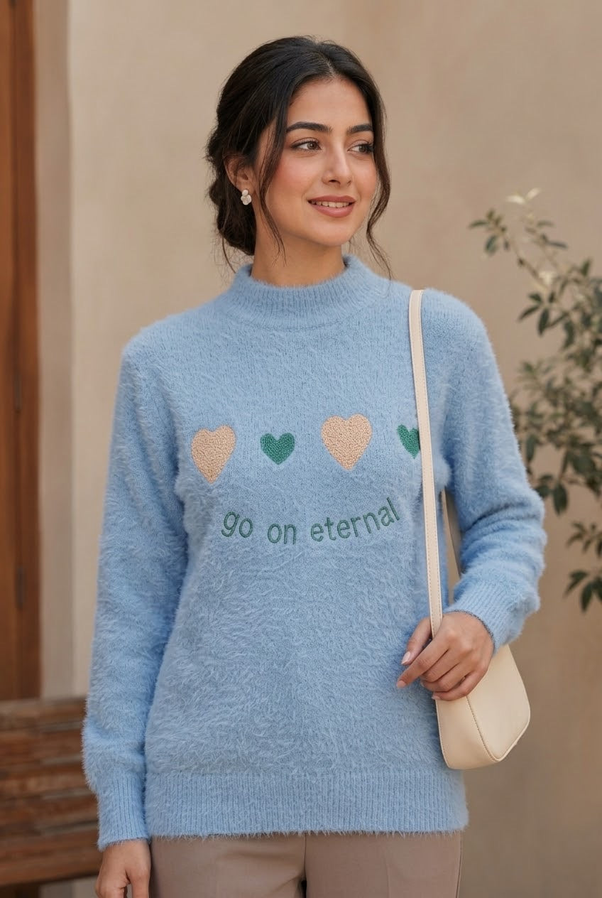 Women's Fuzzy Knit Heart Graphic Pullover Sweater