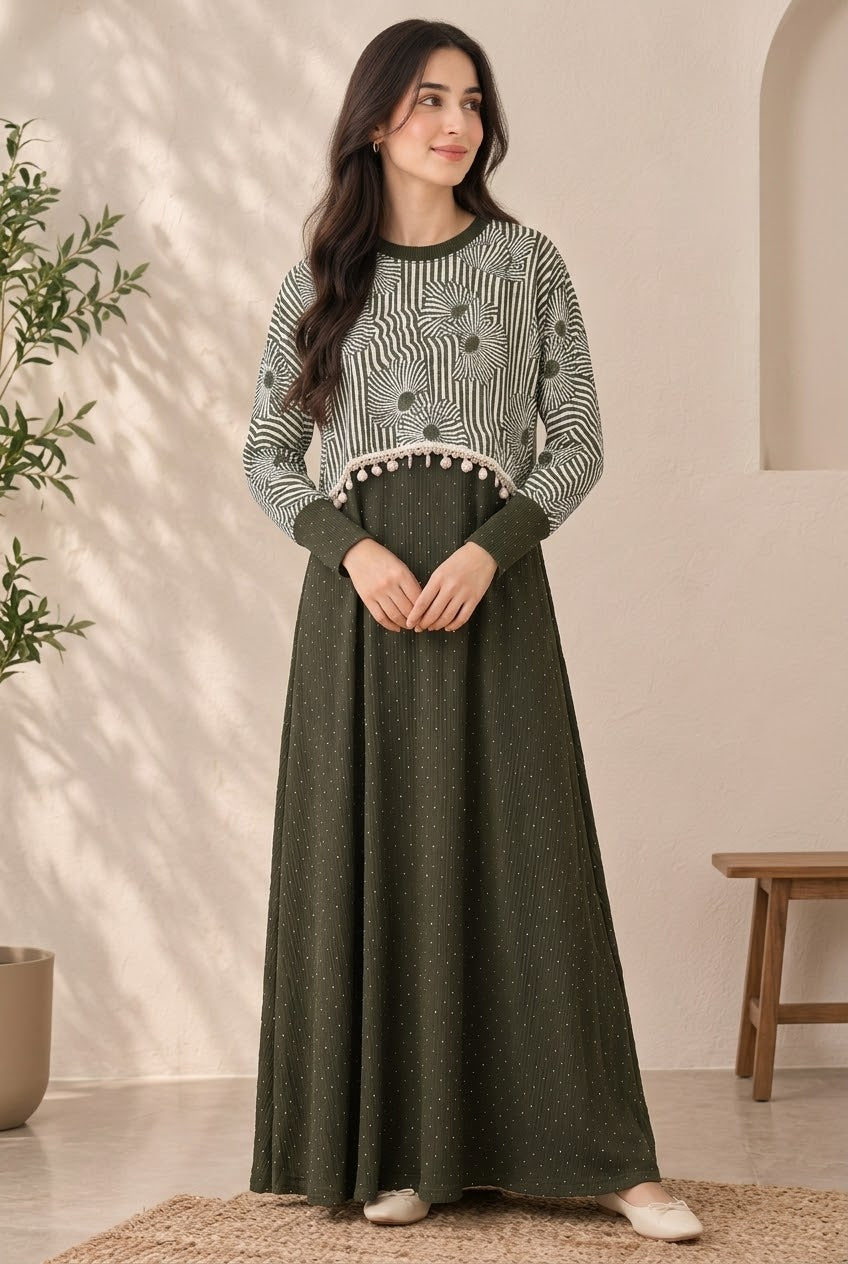Ladies Green Stylish Printed & Textured Flare Maxi