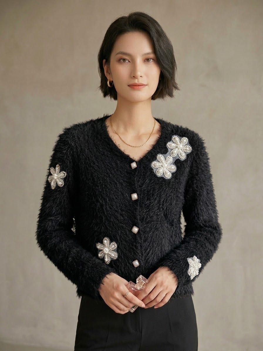 Women's Floral Embellished Fuzzy Knit Cardigan
