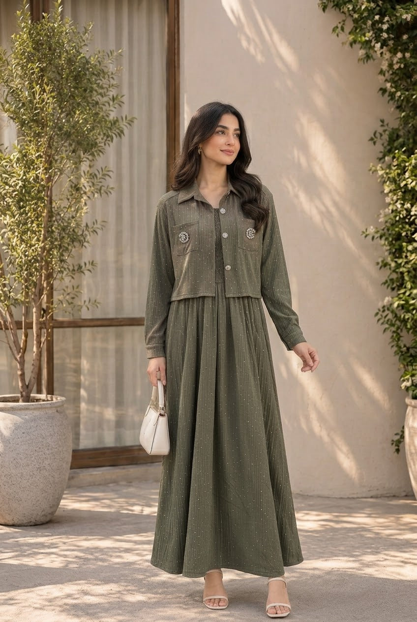 Women's 2-Piece Green Shimmer Maxi Dress with Cropped Jacket