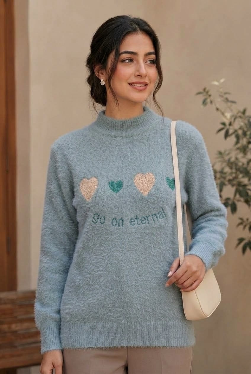 Women's Fuzzy Knit Heart Graphic Pullover Sweater