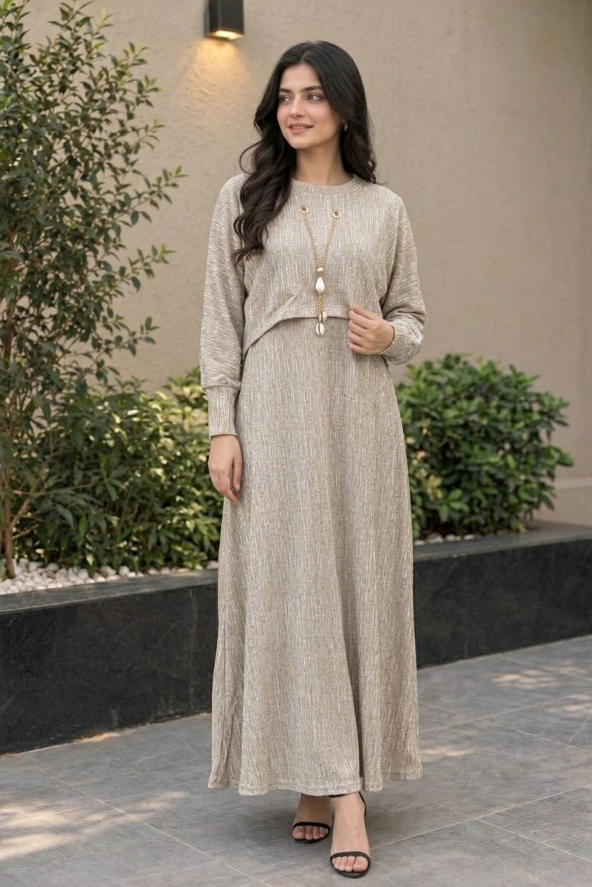 Modern Beige Ribbed Texture Full-Length Winter Maxi