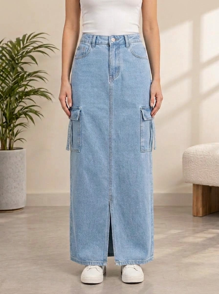 High-Waist Cargo Denim Maxi Skirt with Front Slit