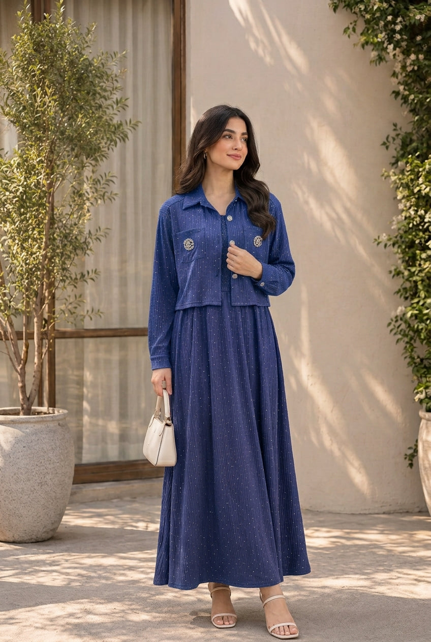 Women's 2-Piece Navy Shimmer Maxi Dress with Cropped Jacket
