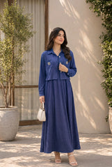 Women's 2-Piece Navy Shimmer Maxi Dress with Cropped Jacket