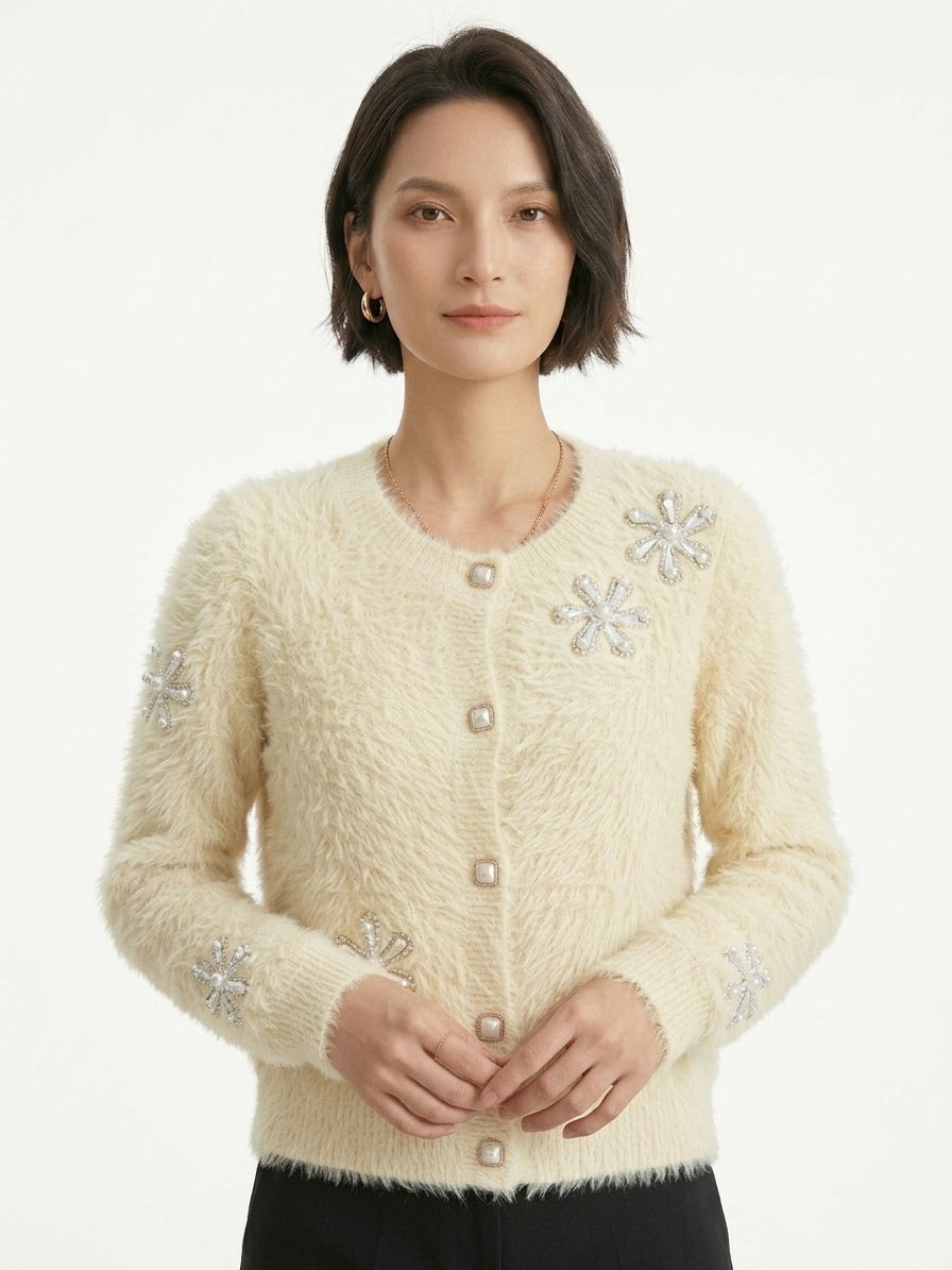 Women's Floral Embellished Fuzzy Knit Cardigan