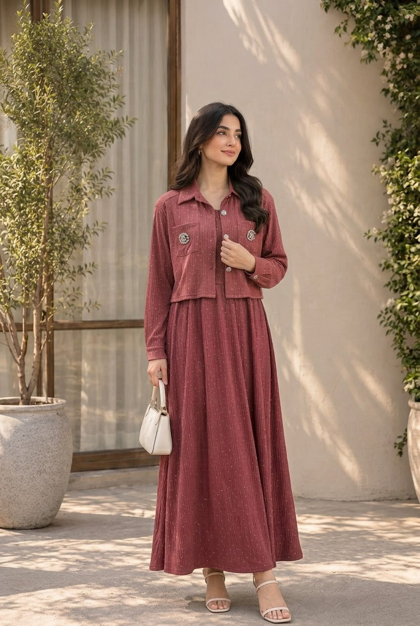 Women's 2-Piece Rose Gold Shimmer Maxi Dress with Cropped Jacket