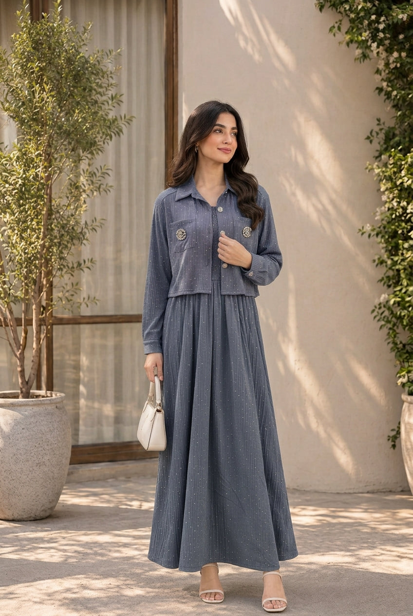 Women's 2-Piece Gray Shimmer Maxi Dress with Cropped Jacket