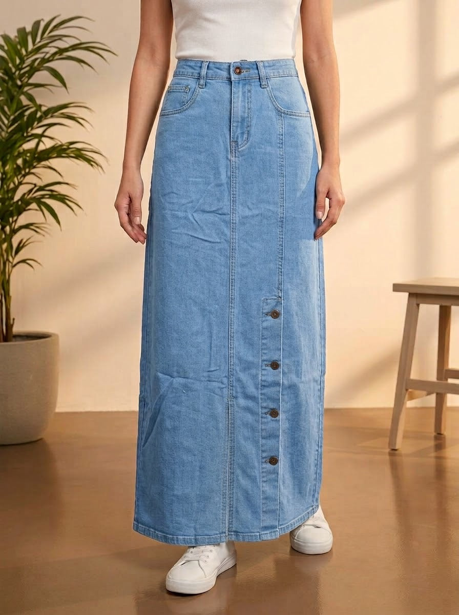 High-Waist Asymmetrical Button-Front Denim Maxi Skirt