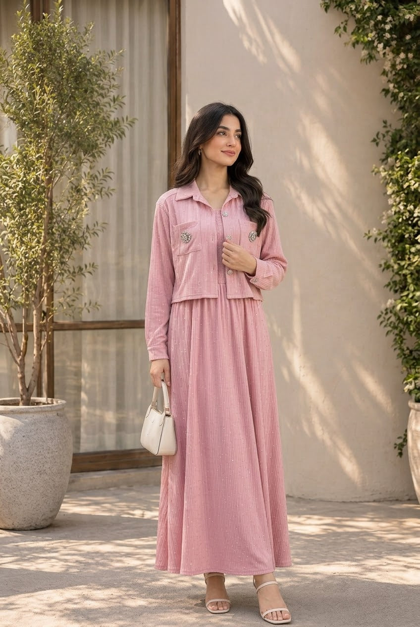Women's 2-Piece Pink Shimmer Maxi Dress with Cropped Jacket