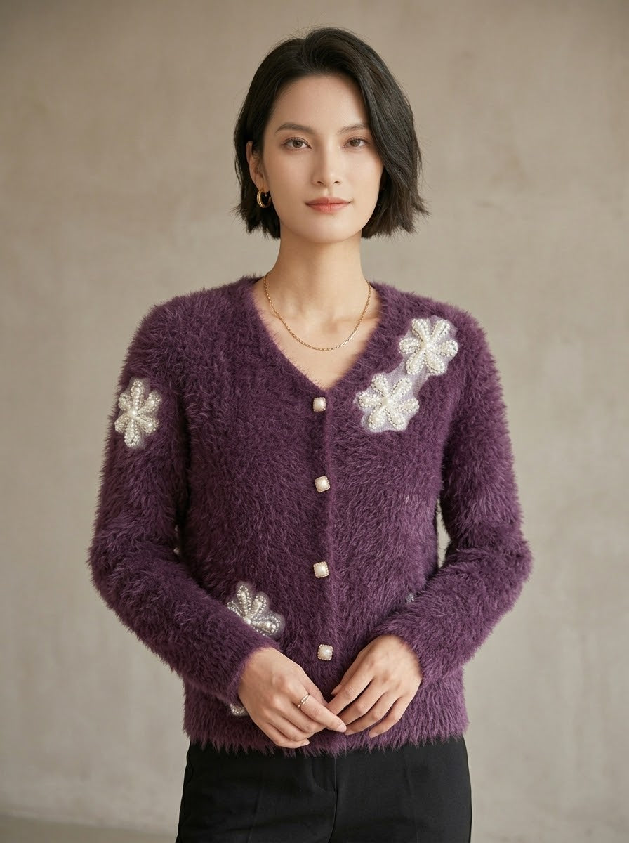 Women's Floral Embellished Fuzzy Knit Cardigan