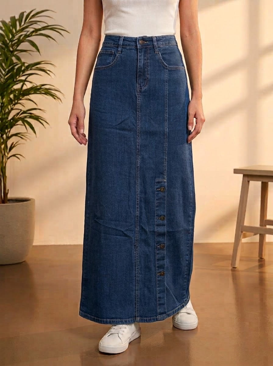 High-Waist Asymmetrical Button-Front Denim Maxi Skirt