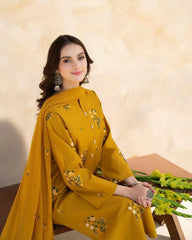 Lawn Embroidered Stitched 3Piece (Mustard)